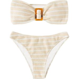 GORGLITTER Women's Strapless Bandeau Swimsuit High Waisted Thong Textured Bikini Set Bathing Suit  Small