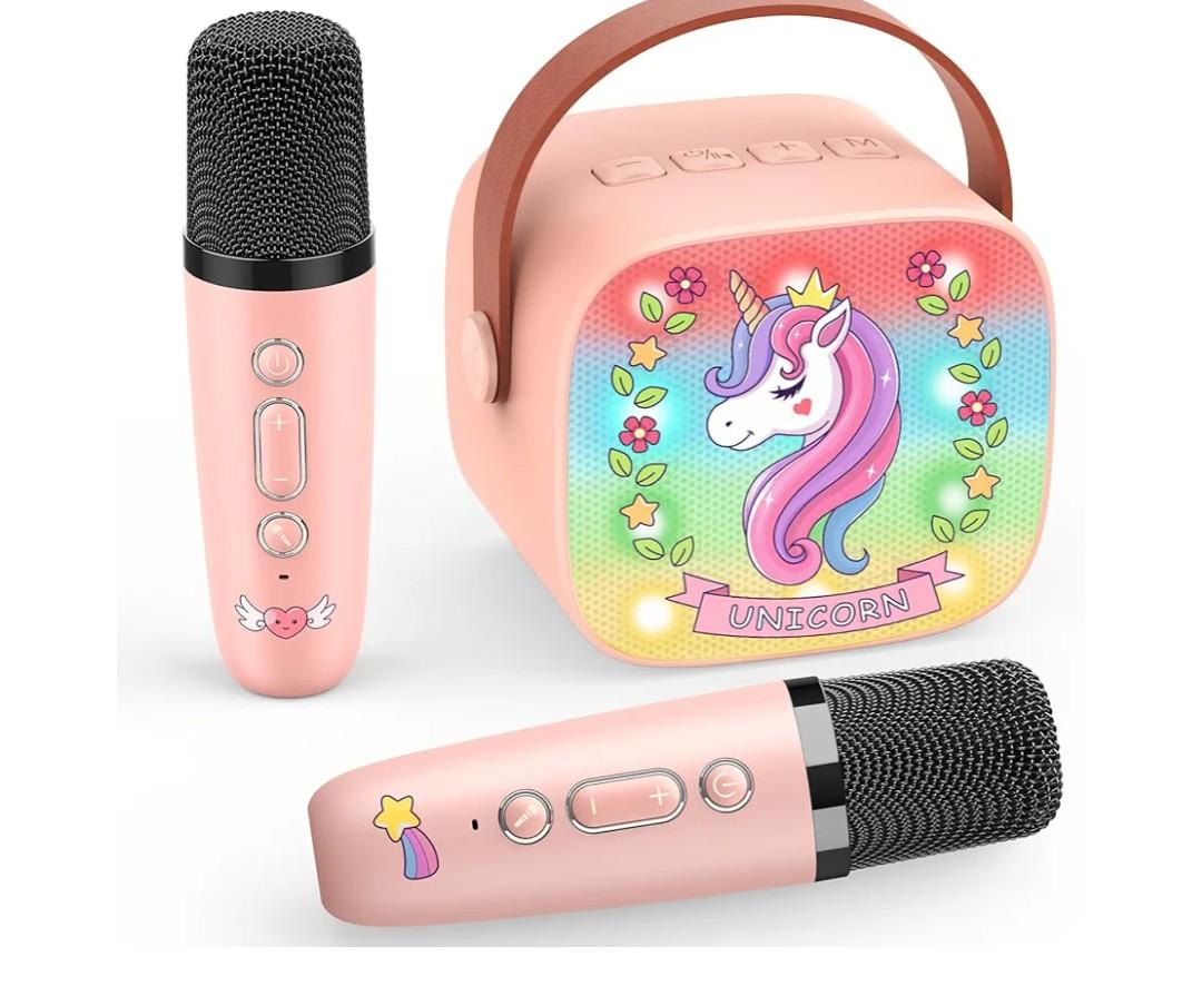 Unicorn Karaoke Microphone Machine Toys: Colorful LED Portable Bluetooth Speaker with 2 Wireless Mics Toys for 4 5 6 7 8 9 Years Old Girls Kids Christmas Birthday Gifts Stocking Stuffers for Grandkids