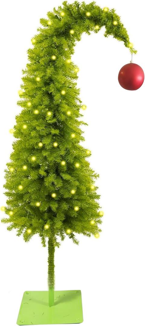 5 Ft Pre-lit Christmas Tree with Metal Stand - Artificial Whimsical Unique Curved Shape Holiday Xmas Tree with Warm White Lights - Holiday Carnival Party Christmas Decorations