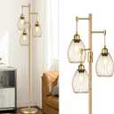 Dimmable Floor Lamp, Industrial Floor Lamps for Living Room, Gold Tree Lamp Standing Lamp Tall Lamps with 3 Elegant Teardrop Cage Head & 800 Lumens LED Bulbs for Living room Bedroom Office Dining Room