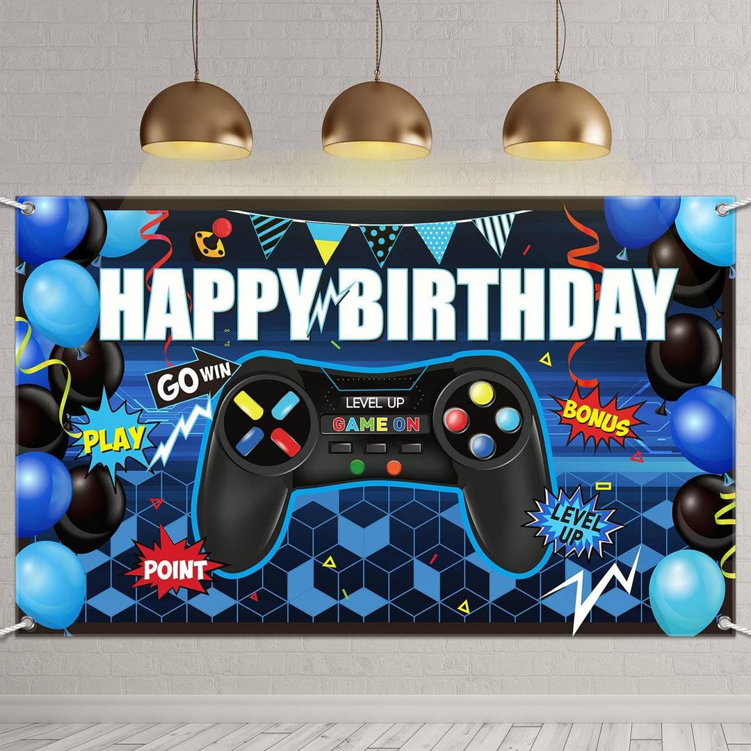 Blulu Video Game Happy Birthday Backdrop Game on Birthday Banner Level up Gaming Theme Party Background Photo Props for Party Wall Decorations Supplies(Blue)
