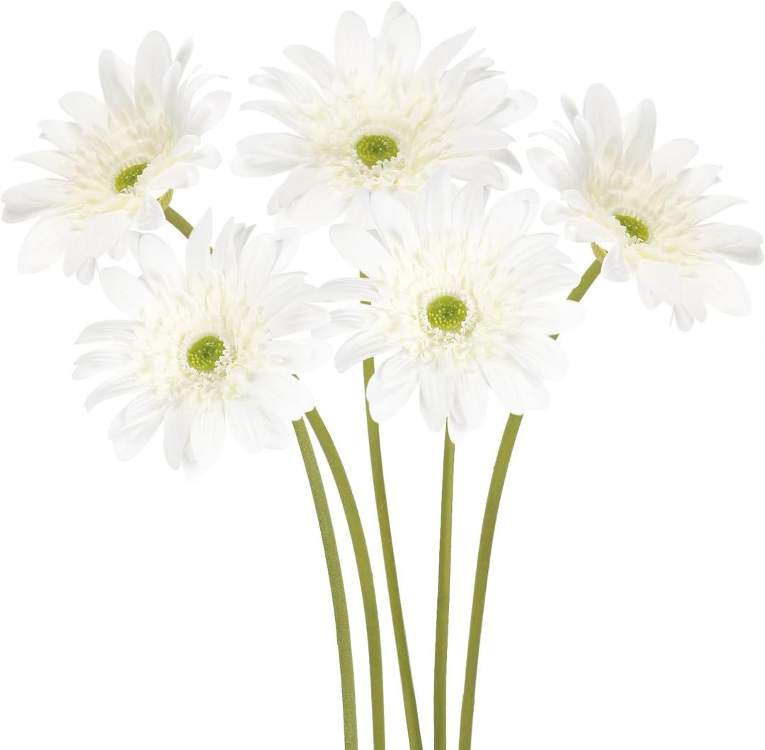 White Gerbera Daisy Artificial Flowers 5PCS Real Touch Latex Silk Daisies Flowers Artificial, 26.7" Long Stem Fake Flowers with Stems for Wedding Bouquets, Home Dcor, or Daisy Centerpieces