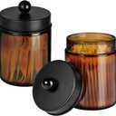 Amolliar Amber Glass Qtip Holder, Apothecary Jars with Matte Black Metal Lid & Stickers-Bathroom Qtip Dispenser Storage Organizer Set,Vanity Counter Canister for Cotton Swabs,Round Pads,Floss (2 Pack)
