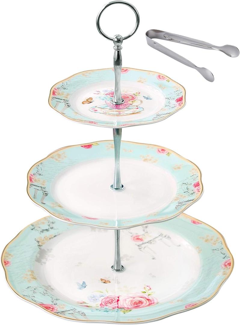 Jusalpha Light Blue 3-tier Ceramic Cake Stand- Cupcake Stand- Tea Party Pastry Serving Platter Comes In a Gift Box- Free Sugar Tong (FD-QD3T) (Blue, 1 Set)