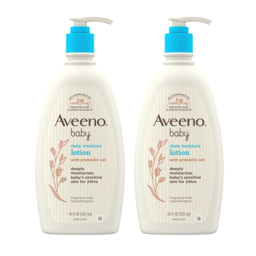 Aveeno Baby Daily Moisture Body Lotion for Sensitive Skin, Hypoallergenic Moisturizing Baby Lotion with Nourishing Oat to Deeply Moisturize Baby's Skin, Fragrance-Free, 18 fl. oz, 2 Pack (18 Fl Oz (Pack of 2))