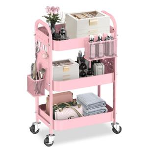 ALVOROG 3 Tier Rolling Cart with DIY Pegboards Metal Utility Cart with Wheels Handles Baskets Hooks, Craft Cart for Office Kitchen Bathroom(Cherry Blossom Pink)