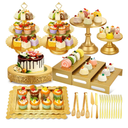 Audab Metal Gold Dessert Table Display Set Including Cake Stands, Cupcake Tower Stand, Dessert Tray, Risers Stands, Cake Cutting Set and Serving Tongs for Wedding, Birthday Party Decor