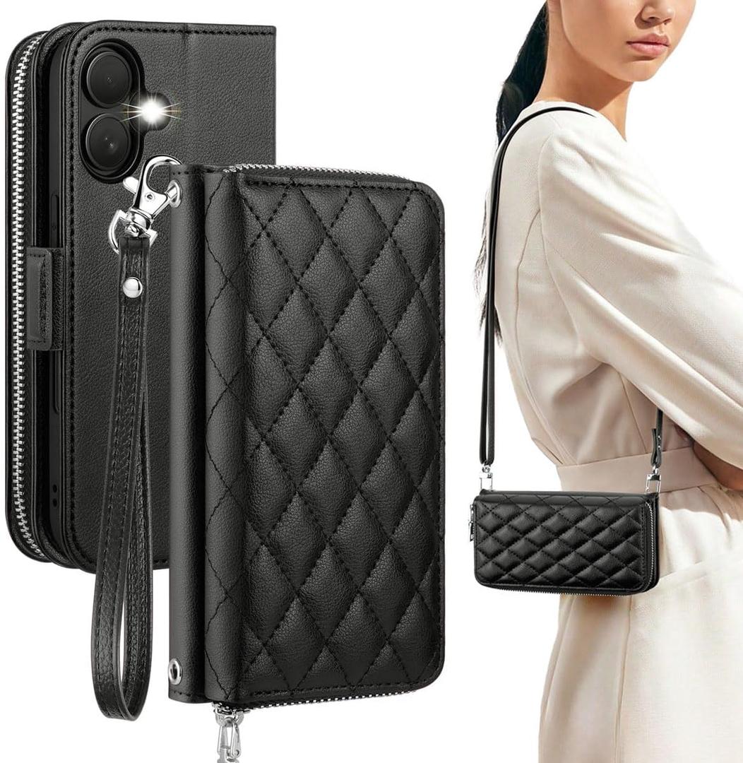 OCASE for iPhone 17 Crossbody Wallet Case - Stylish PU Leather Handbag Phone Purse with Zipper Closure, Card Slots & RFID Blocking - Wrist Strap, Lanyard, Kickstand - Diamond Check Black