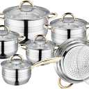 Royalty Line 1231G Saucepan Set 12 Pieces - Pots Set Suitable for Induction - Cooking Pot Set & Pans - Stainless Steel Pan Set Pot Set Glass Lid Suitable for All Hobs - Gold handles