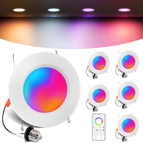 VARICART Smart Recessed Lighting 6 Inch, RGBCW Color Changing Smart Can Light Bluetooth Connect, Flicker Free, 13W 1300LM, Dimmable Retrofit Downlight Works with Alexa Voice & App Control, ETL, 6 Pack