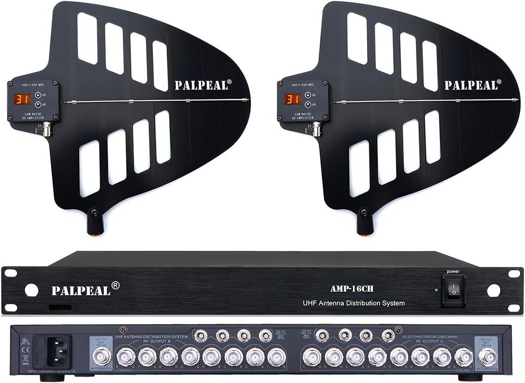 AMP-16CH 16 Channels Wireless Antenna Distribution System,14 Outputs + 2 Cascade Ports,UHF Active Directional Antenna,2200 FT,Wireless Microphone Signal Amplifier