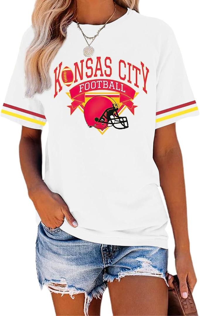 Football Shirts for Women Game Day Tshirt Football Team Fans Gift Tees Sport Season Short Sleeve Tops (White, L)