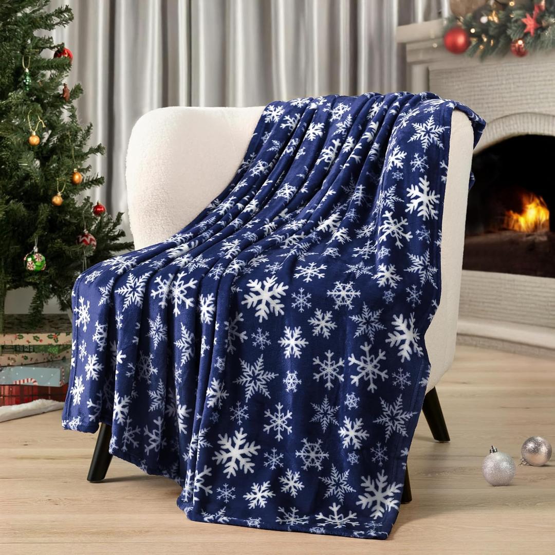 PAVILIA Christmas Throw Blanket | Navy Snowflake Christmas Fleece Blanket | Soft, Plush, Warm Winter Cabin Throw, 50x60 (Navy/White Snowflake)
