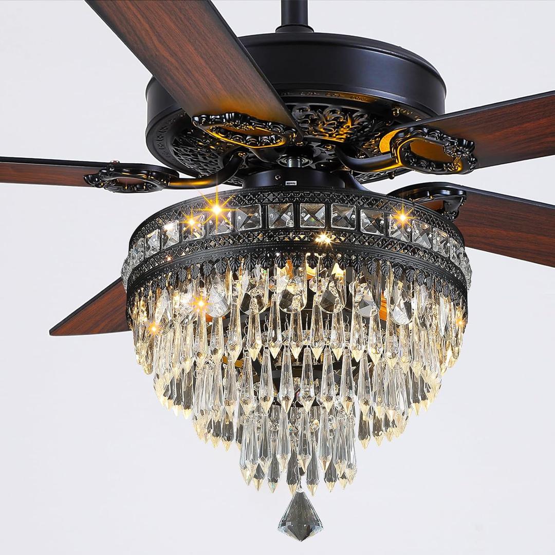Asyko Crystal Ceiling Fan Fandelier with Lights - Modern Outdoor Fans with Remote ControlNoiseless DC Motor, Retro/Farmhouse Lighting, Dining Room Living Room (62")