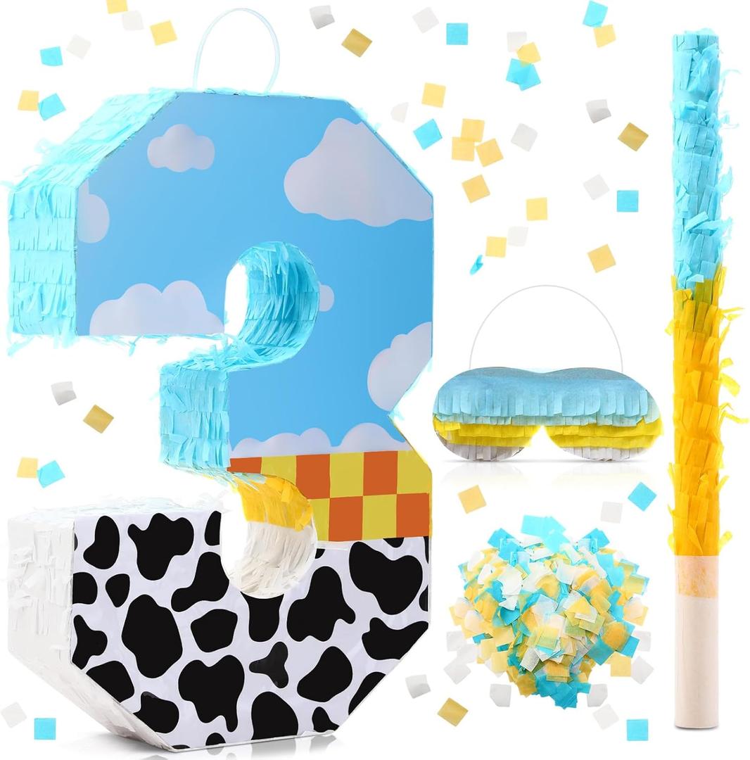 Poen Cow Number Piata for Kids Birthday Decorations Toy Game Cow Birthday Piata with Stick Blindfold and Confetti Blue Sky and White Cloud Candle for Boy Girls Party Inspire Decor(Number 3)
