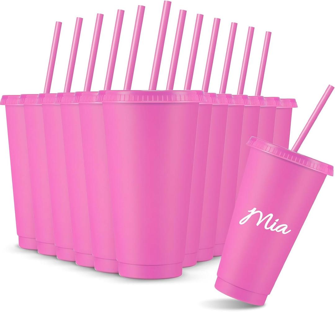 Amyhill 12 Pcs Reusable Plastic Cup with Lid and Straw 24 oz Plastic Tumbler Bulk Iced Coffee Cup Travel Mug for Girl Smoothie Juices Wedding Graduation Birthday Sleepover Party Supplies(Rosy)
