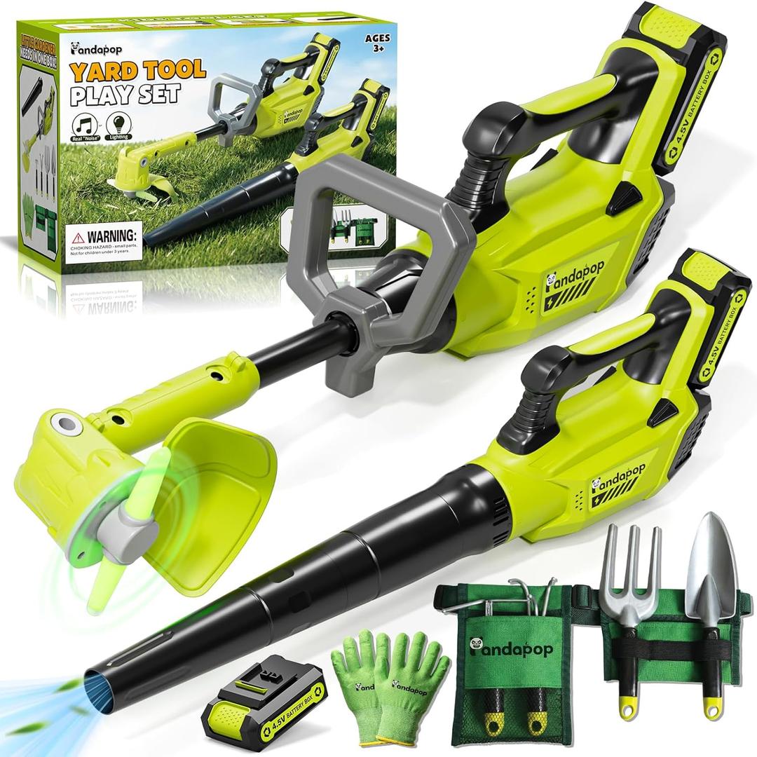 Pandapop Kids Gardening Tools Set, 2 In 1 Kids Leaf Blower & Toy Lawn Mower with Sounds & Lights, Kids Tool Set with Belt & Gloves, Outdoor Play Toy Tools, Christmas Birthday Gifts for Boys 3 4 5 6 7+