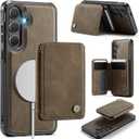 Compatible with Magsafe for Samsung Galaxy S25 Plus Wallet Case Magnetic Card Holder, RFID Blocking 2 in 1 Detachable Kickstand Shockproof Case for Women Men, Brown