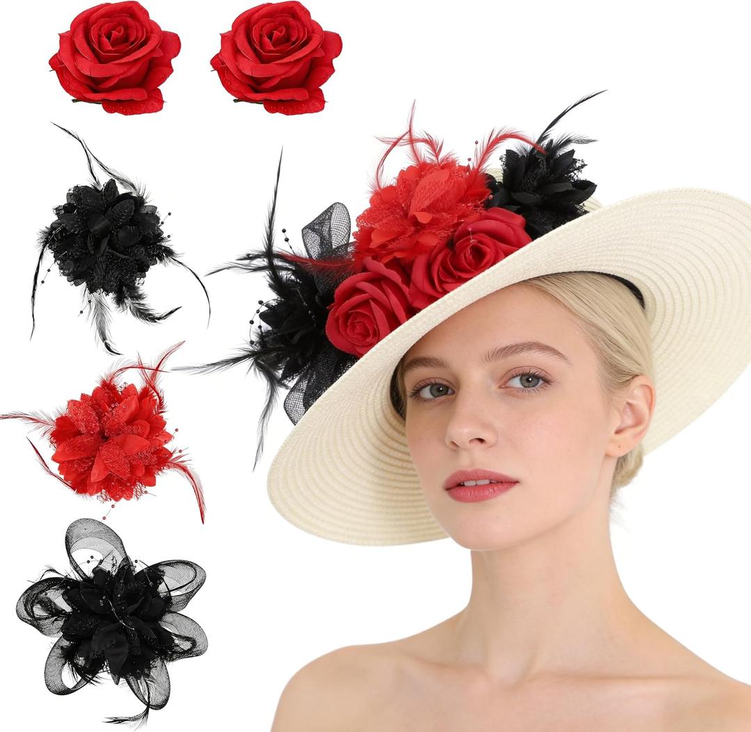 6 Pcs Derby Fascinator Hat Decorations for Women Girls, 2026 Mesh Flower Pearl Feather Ribbon Fascinator for Tea Party Easter Church Wedding, Homemade Derby Hat Topper Accessories