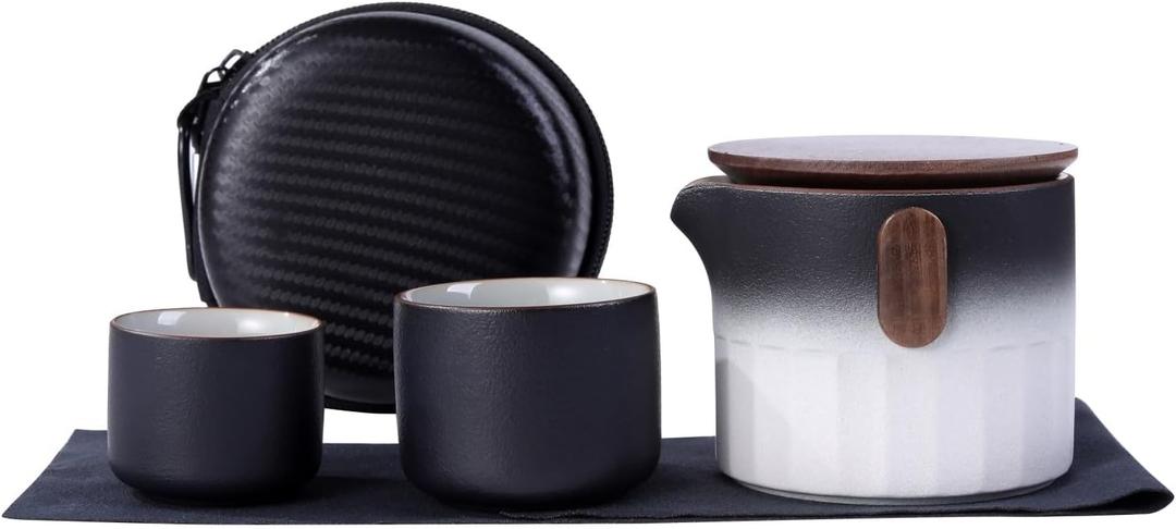 Travel Tea Set, Portable Ceramic Teapot set, 1 Pot 2 Cups Chinese Tea Sets for Adults with Travel Bag, Home/Outdoor and Office Tea Pot set (Black with White)