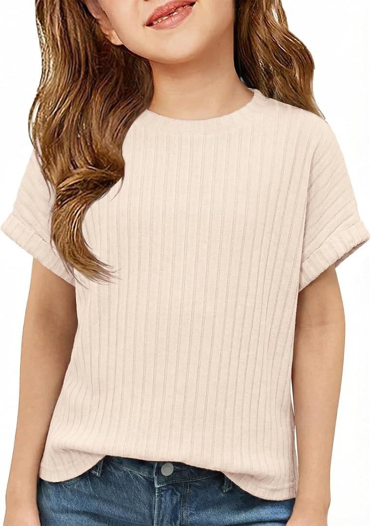 ZDC Girls Short Sleeve T Shirts Kids Summer Textured Tops Crewneck Casual Tee 5-14 Years (Beige)