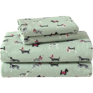Laura Ashley - Flannel Sheets Queen Size, Anti-Pilling & Wrinkle Resistant Cotton, Touchably Soft for All-Season Comfort - Bed Sheets with Matching Pillowcases & Fitted Sheet (Holiday Pups Green)