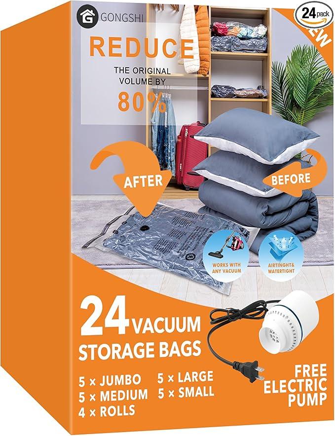 GONGSHI Vacuum Seal Bags for Clothing Travel & Home Storage, Travel Vacuum Bags with Pump,Space Saver for Blankets, Comforters, Pillows, Clothes, 24 Combo with Electric Pump