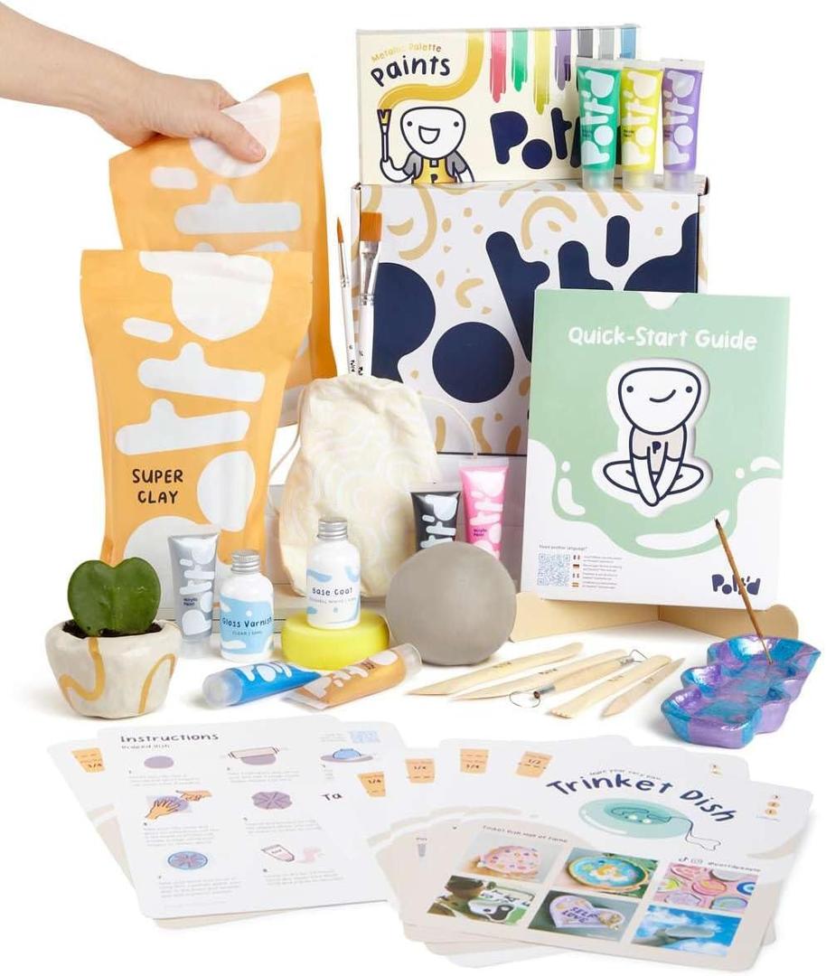 Pott'd Air Dry Clay for Adults. Beginners Home Pottery Kit for Adults. DIY Craft Kit for Adult. Kit Includes: Air-Dry Clay for Adult, Tools, Paints, Brushes, Sealant, How-to-Guides