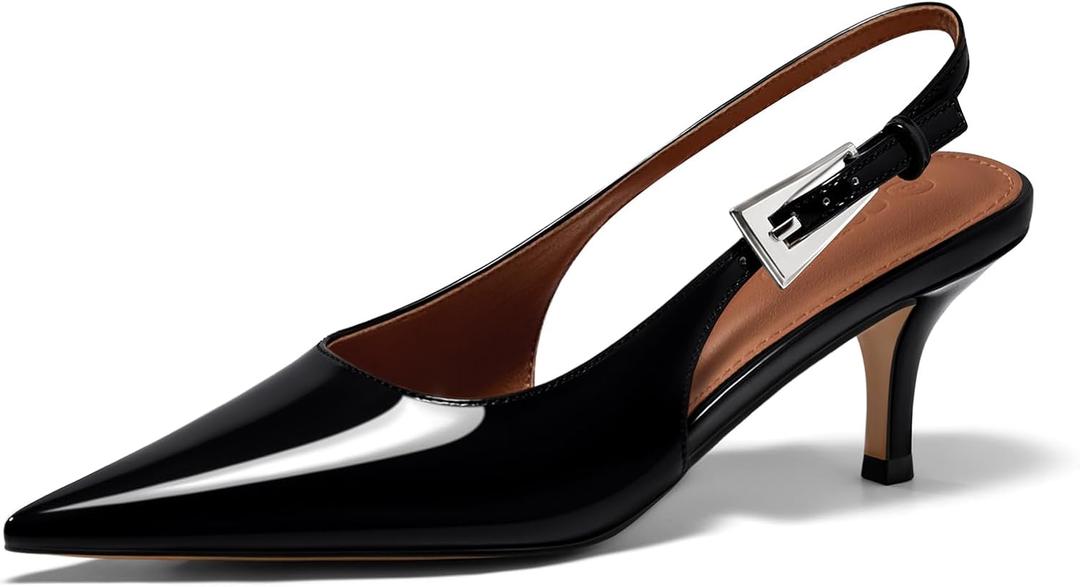 Coutgo Womens Slingback Kitten Heels Pointed Toe Buckle Pumps Dress Shoes | 2.4-Inch Low Heels, Closed Toe, Comfortable, Adjustable Strap, Work, Office, Casual, Party, Wedding (Black)