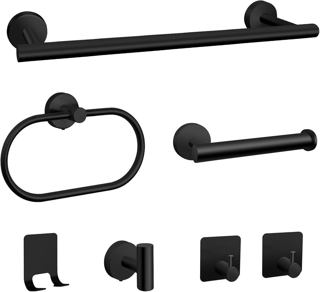 7 PCS Bathroom Hardware Set, Matte Black Stainless Steel Bathroom Tower Rack Set Wall Mounted Includes 16" Towel Bar, Toilet Towel Paper Holder, Towel Ring, 4 Robe Towel Hooks