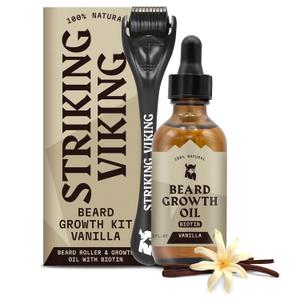 Striking Viking Beard Growth Kit for Men - Vanilla Scent - 1 Fl Oz of Thickening & Conditioning Biotin Beard Growth Oil & 1 Applicator - Naturally Derived Growth Serum with Argan & Jojoba Oil