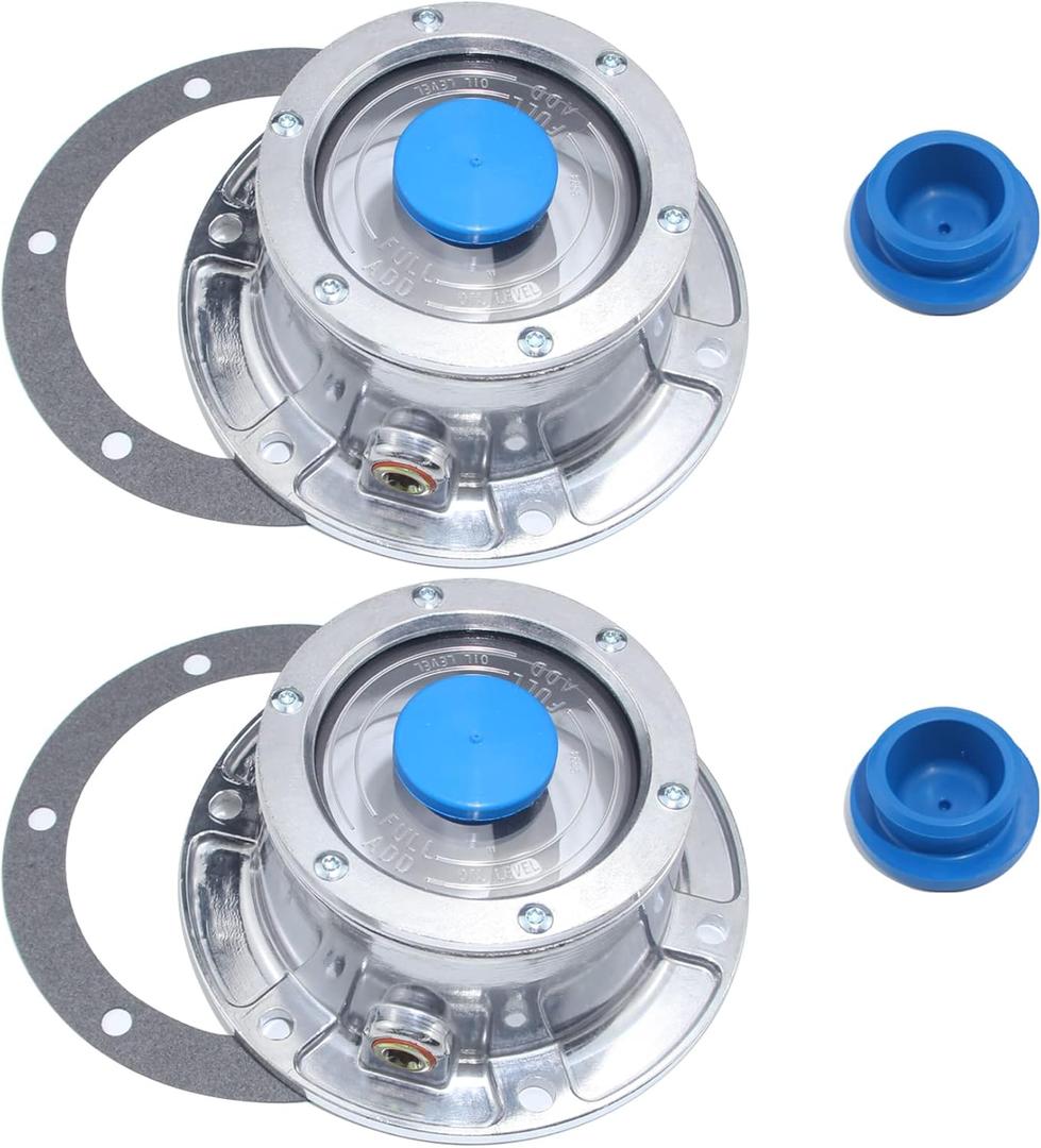 2pcs 343-4009 Aluminum Hub Cap for Trailer Axle, 3434009 6 Holes Hub Caps with Side Pipe Plugs Gaskets and Extra 2pcs Blue Rubber Plugs