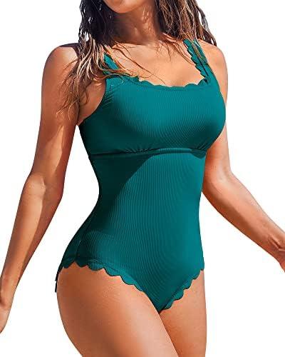 Charmo Womens Scalloped Ribbed One Piece Swimsuits Retro Square Neck Modest Bathing Suits Size XL