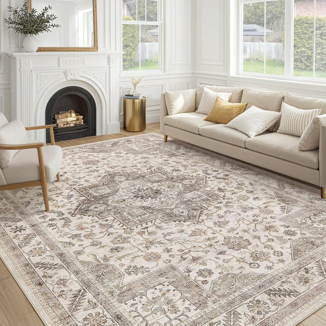 Vintage Living Room Area Rug 9x12 - Large Soft Washable Oriental Traditional Distressed Farmhouse Rugs for Bedroom - Indoor Floor Accent Carpet for Home Office House Decor - Light Brown