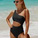 Women's One Piece Swimsuit- One Shoulder Bathing Suit Cutout Tummy Control Swimwear (Black, M)