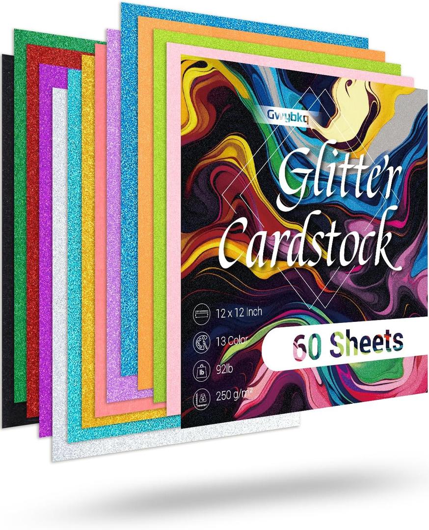 Glitter Cardstock Paper 12" x 12", 250gsm/92lb Glitter Paper 60 Sheets for Scrapbooking, Card Making, Craft Supplies