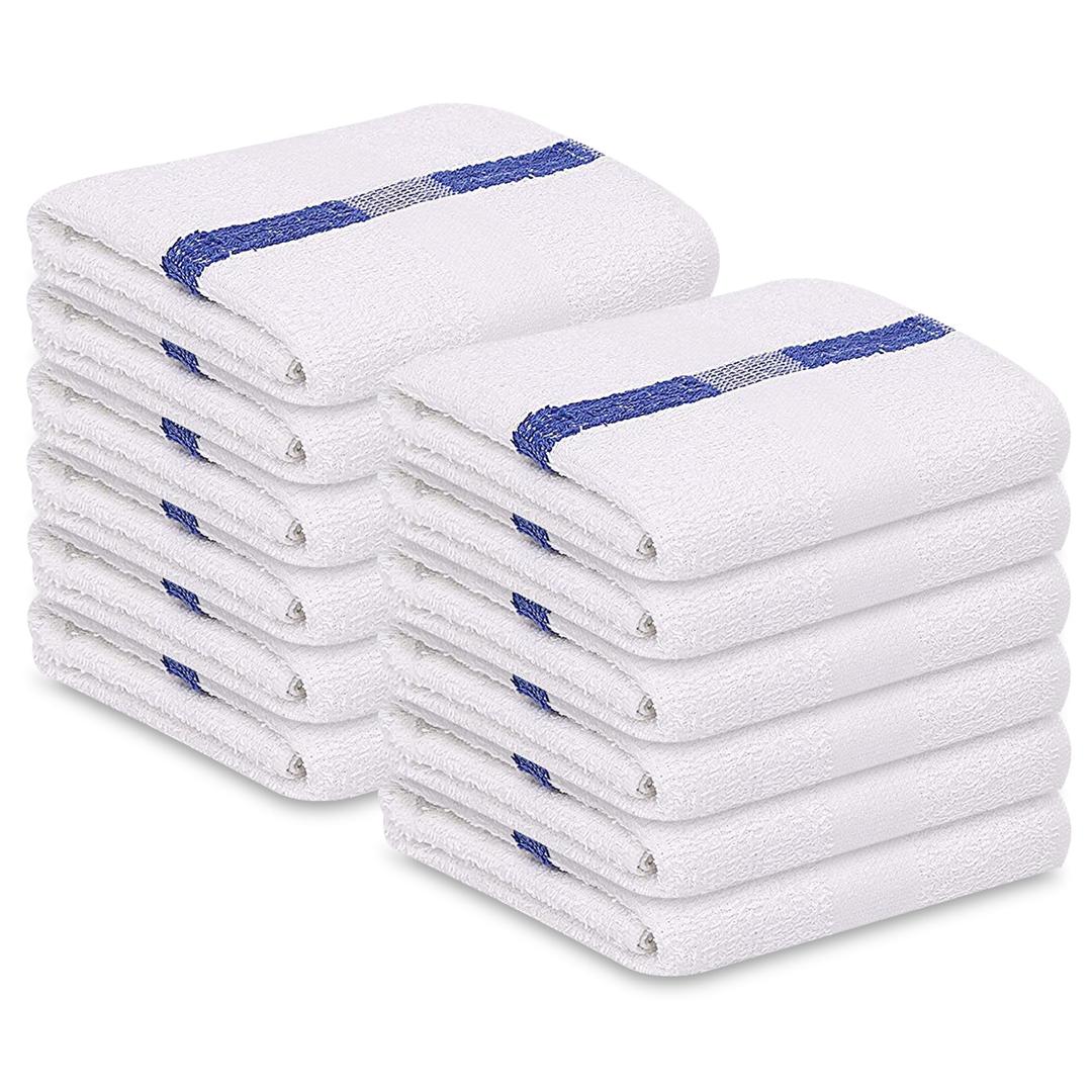 GOLD TEXTILES Bulk Bath Towels White (22x44 Inches) Economy Grade Light Weight Easycare (12 - Blue Stripe)