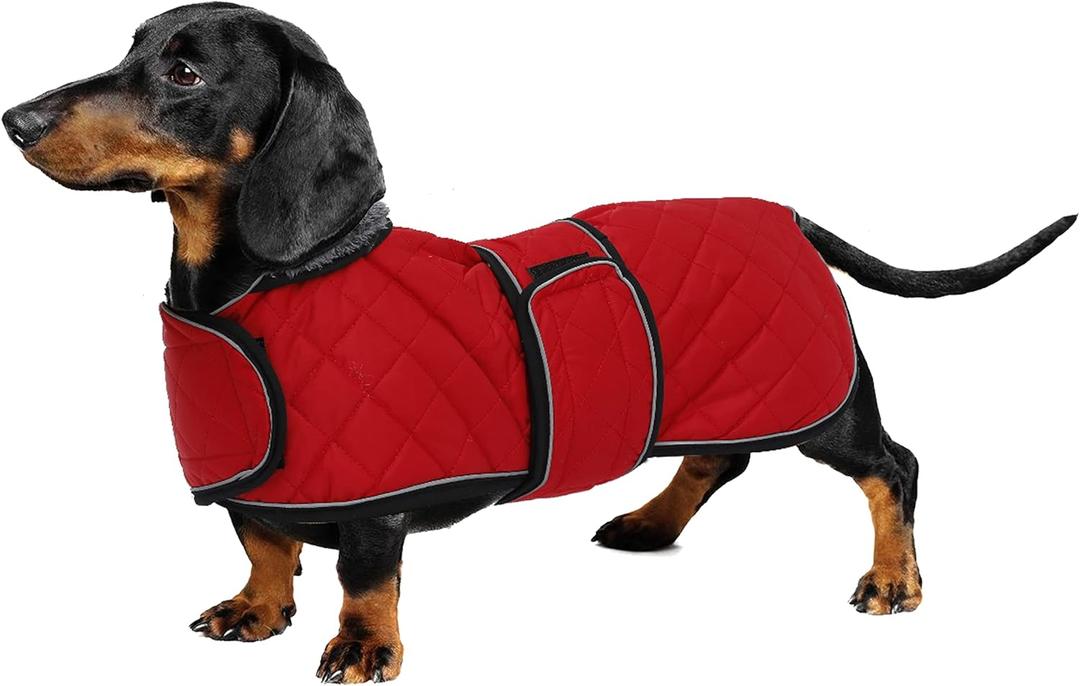 Geyecete Warm Thermal Quilted Dachshund Coat, Dog Winter Coat with Warm Fleece Lining, Outdoor Dog Apparel with Adjustable Bands for Medium, Large Dog-Red-S