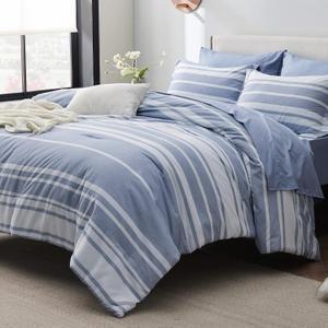 Bedsure Full Comforter Set 7 Pieces, Blue Striped Bedding Set for Full Size Bed Reversible, Cationic Dyeing Bed in a Bag with Comforter, Sheets, Pillowcases & Shams