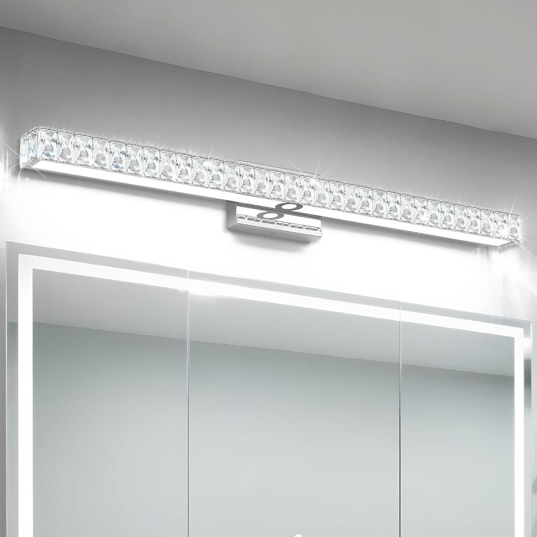 SOLFART LED Modern Bathroom Vanity Lights Over Mirror, Crystal Bathroom Light Fixtures, 40 Inch LED Chrome Vanity Light Wall Light