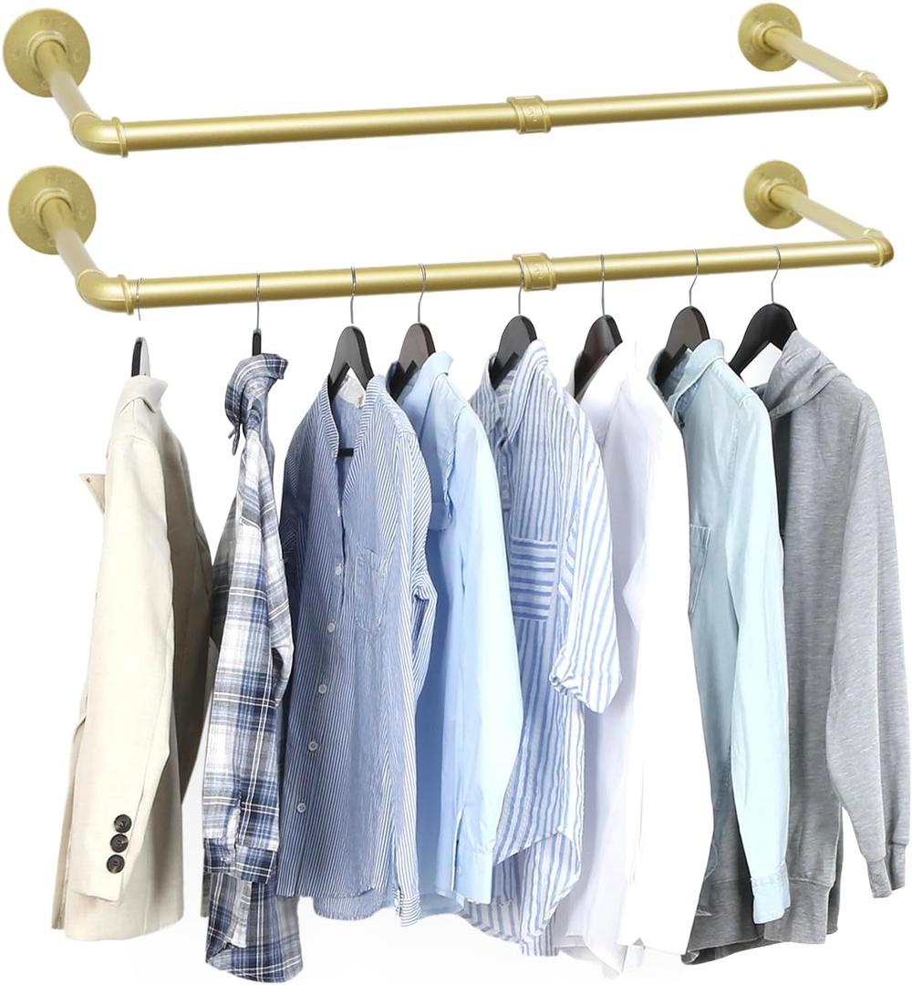 Oroonoko 2 Packs Gold Industrial Pipe Clothes Rack,36 inch Pipe Garment Rack Hanging Rod Bar for Closet Storage,Laundry Room Up to Max Load 135lbs