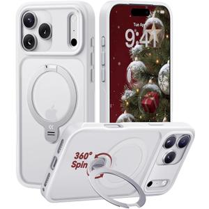 CASEKOO White for 17 Pro Case with 360 Spin Magnetic Stand [Camera Protection] [18FT Military Grade Protection] [Fit for MagSafe] Ring Grip Slim Matte 17 Pro Case 6.3 Inch