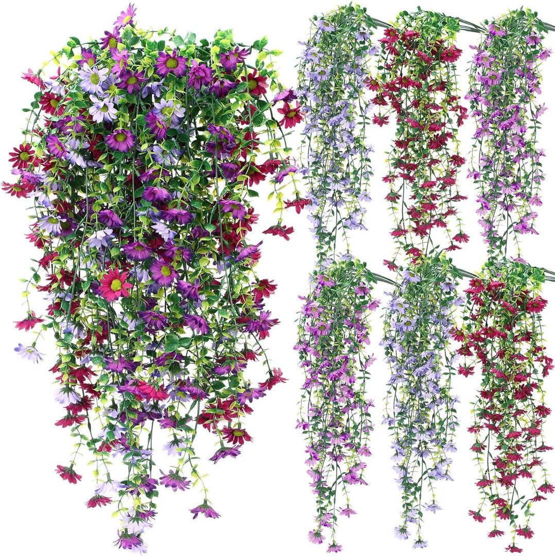 6 Pcs Spring Artificial Hanging Flowers Outdoor Faux Silk Mum Plant Decor Violet with Eucalyptus Realistic UV Resistant Trailing Vine Spring Porch Yard(Elegant Color,Chamomile)