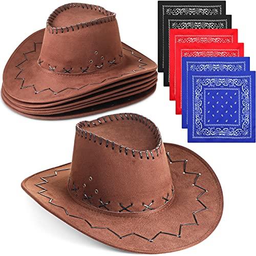 Zhanmai 12 Pcs Cowboy Hat & Bandana Set Western Costume Accessories for Cowboy Party Bulk Favors for Theme Party(Deep Coffee Color)