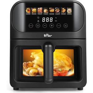 Bear Air Fryer, Stainless Steel Airfryer 8 Presets for Fast Family Meals, 6.4Qt Large Visible Window Temp Timer Adjustable Roast Bake Crisp French Fries Steak, Non Stick Basket Dishwasher Safe