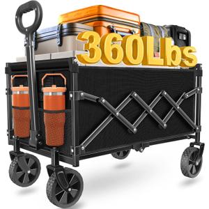Wagons Carts Foldable, Collapsible Wagon Cart with Wheels - Beach Wagon Cart with Wheels for Sand Sports Camping Grocery, Black