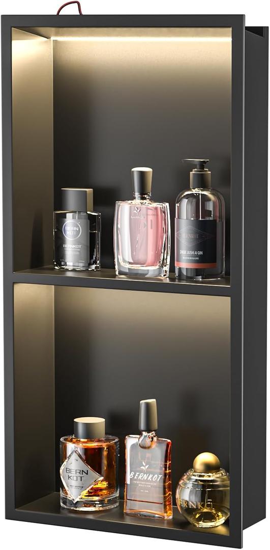 Stainless Steel Shower Niche with LED Light Matte Black with Shelf 24" X 12" with Light 2 Tier Shelves No Tile Needed Niche Shower for Bathroom Storage Over-Mounted Installation