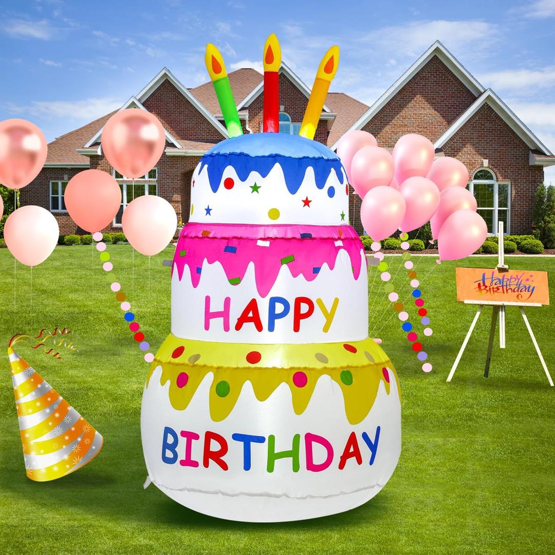 4FT Birthday Cake Party Outdoor Inflatable Decoration, Inflatable Decoration with LED Lights, Suitable for Gardens, Patios, and Lawns.