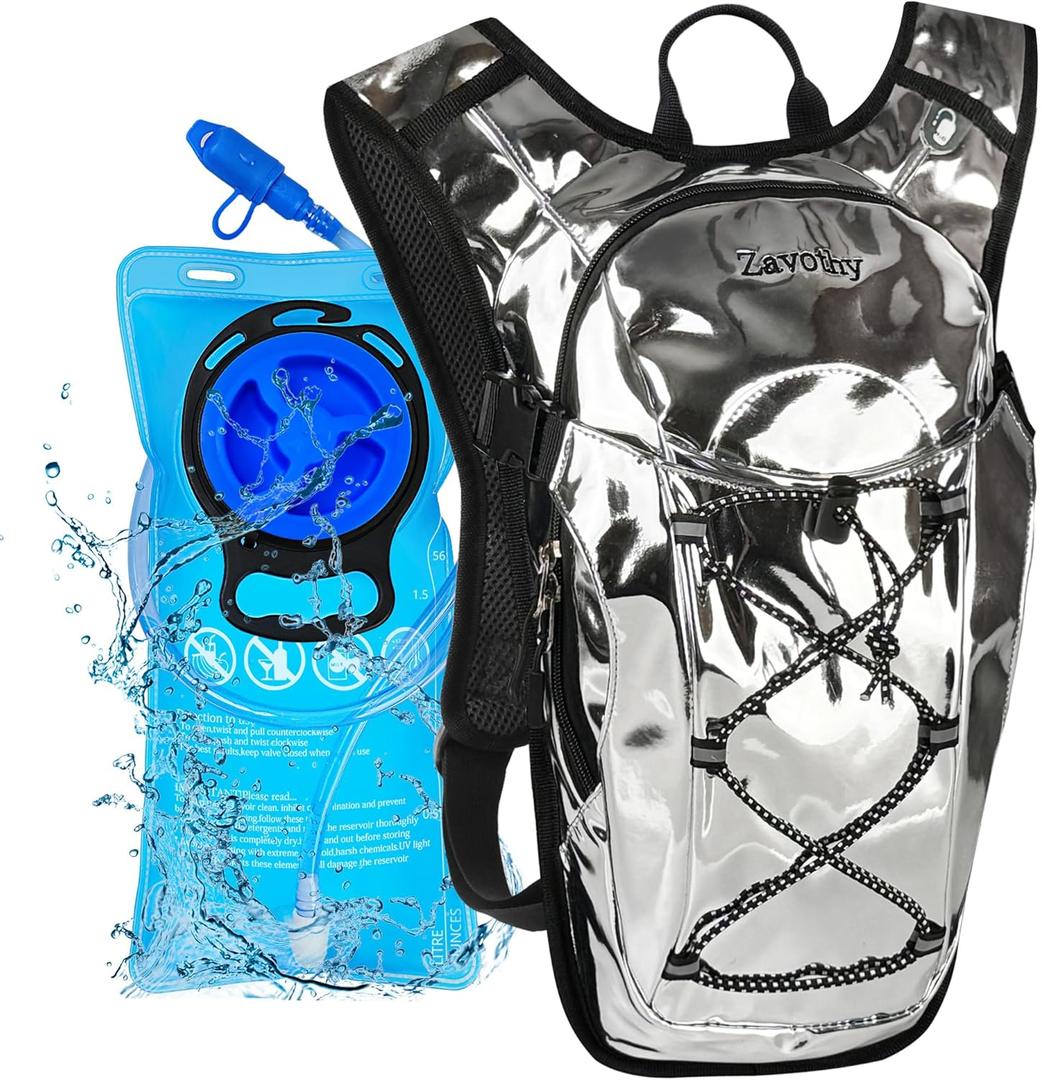 Reflective Hydration Backpack, Hydration Pack - Water Backpack with 2L/3L Hydration Bladder, Essential for Festivals - Rave Hydration Pack for Hiking, Running, Cycling, and Festivals (Silver)