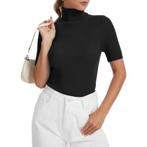 Women's Fall Short Sleeve Sweater Turtleneck Pullover Tops Winter Basic Ribbed Knit Slim Fitted Casual Shirts (XX-Large, Black)